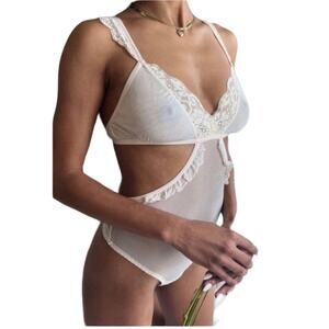 FREE PEOPLE x HAH Mesh Bodysuit Sz M Sheer Cut Out Feminine Party Coquette NWT